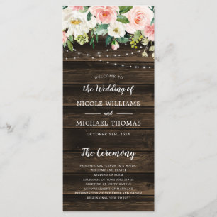 Rustic Pink Floral String Lights Wedding Program