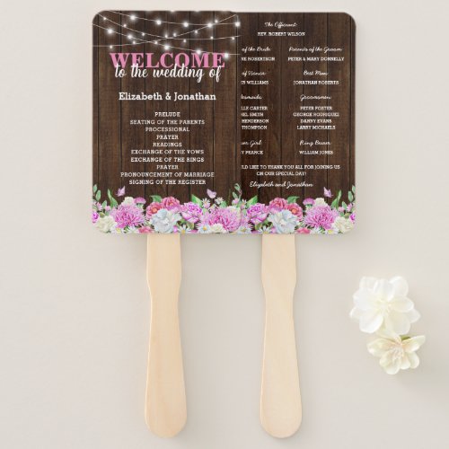 Rustic Pink Floral String Lights Wedding Program Hand Fan - Rustic country wedding program fans featuring a rustic wood background, backyard string lights, elegant pink and white garden watercolor flowers, and a wedding order of events template. Click on the “Customize it” button for further personalization of this template. You will be able to modify all text, including the style, colors, and sizes. You will find matching items further down the page, if however you can't find what you looking for please contact me.