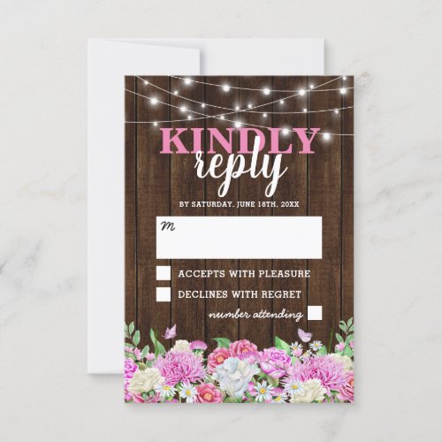 Rustic Pink Floral String Lights Wedding RSVP - Country chic wedding response cards featuring a rustic wood background, backyard string lights, elegant pink and white garden watercolor flowers, and a wedding rsvp template that is easy to personalize.