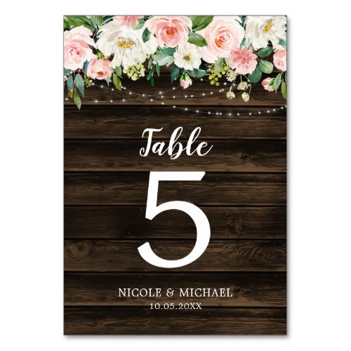 Rustic Pink Floral String Lights Wedding Table Number