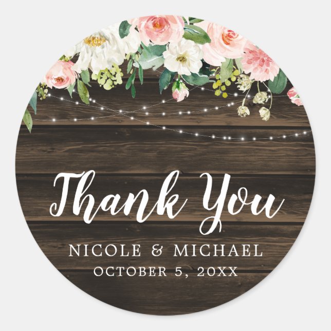 Rustic Pink Floral String Lights Wedding Thank You Classic Round Sticker (Front)