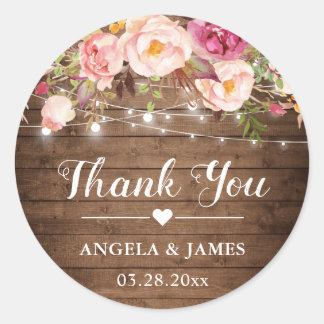 Rustic Pink Floral String Lights Wedding Thank You Classic Round Sticker