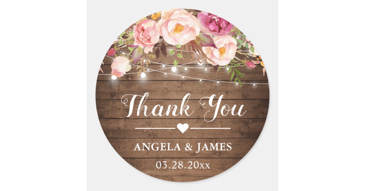 Rustic Pink Floral String Lights Wedding Thank You Classic Round ...