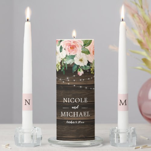 Rustic Pink Floral String Lights Wedding Unity Candle Set