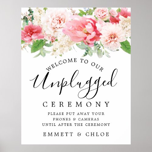 Rustic Pink Floral Unplugged Wedding Ceremony Sign