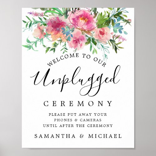 Rustic Pink Floral Unplugged Wedding Ceremony Sign
