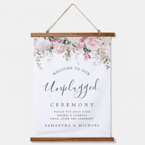 Rustic Pink Floral Unplugged Wedding Ceremony Sign Hanging Tapestry