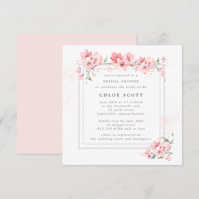 Rustic Pink Floral Watercolor Bridal Shower Invitation (Front/Back)