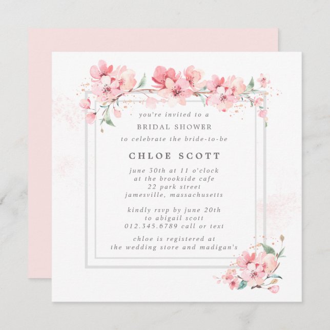 Rustic Pink Floral Watercolor Bridal Shower Invitation (Front/Back)
