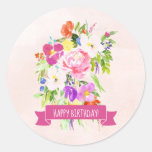 Rustic Pink Floral Watercolor Happy Birthday Classic Round Sticker at Zazzle