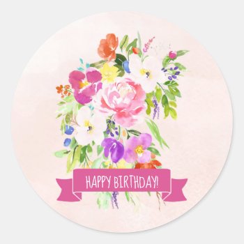 Rustic Pink Floral Watercolor Happy Birthday Classic Round Sticker by melanileestyle at Zazzle