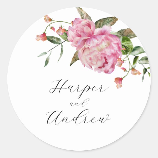 Rustic Pink Floral Wedding Favor   Classic Round Sticker (Front)