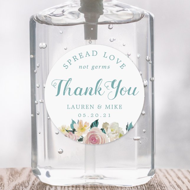 Rustic Pink Floral Wedding Favor Hand Sanitizer Classic Round Sticker (Creator Uploaded)