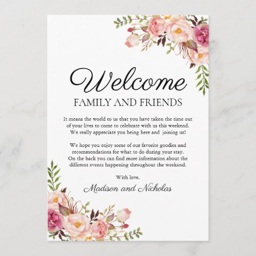 Rustic Pink Floral Wedding Hotel Welcome Cards
