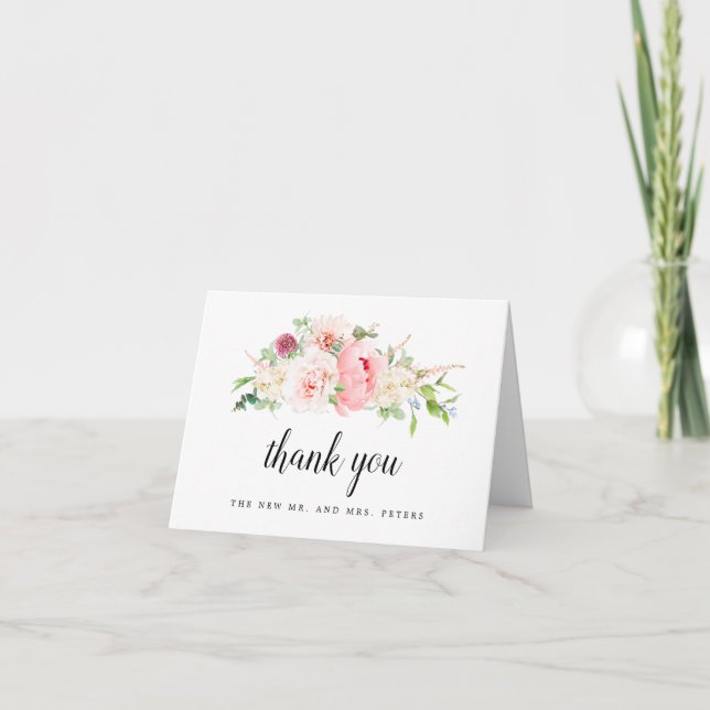 Rustic Pink Floral Wedding Letterpress Thank You Card (Front)