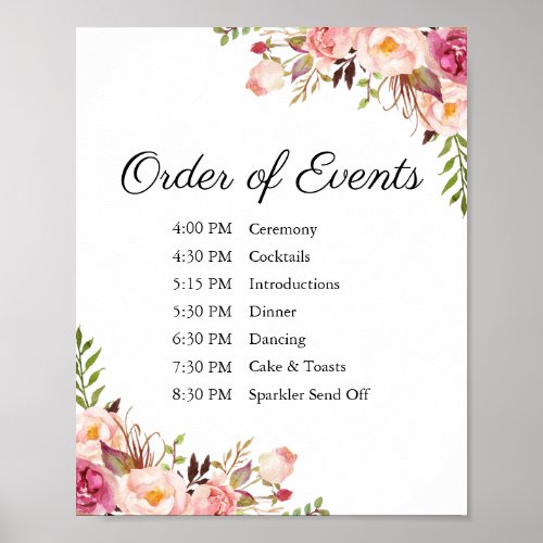 Rustic Pink Floral Wedding Order of Events Sign