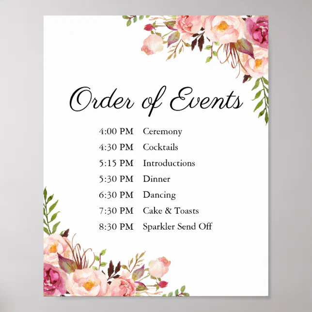 Rustic Pink Floral Wedding Order of Events Sign | Zazzle