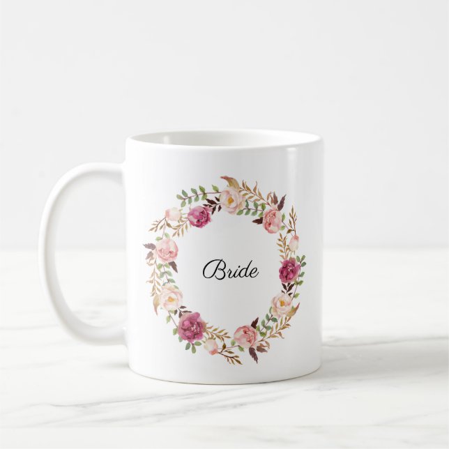 Rustic Pink Floral Wedding Party Mug - Bride (Left)