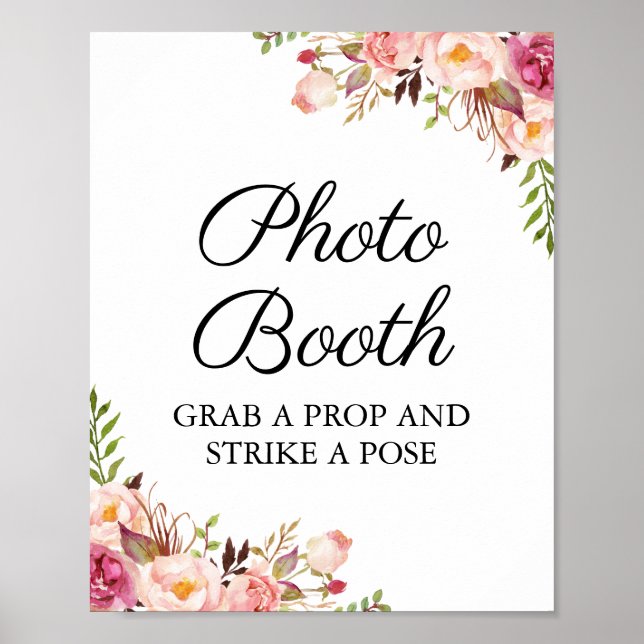 Rustic Pink Floral Wedding Photo Booth Sign (Front)