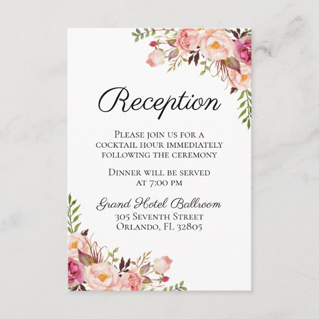 Rustic Pink Floral Wedding Reception Cards (Front)