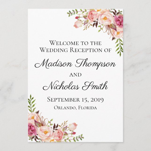 Rustic Pink Floral Wedding Reception Programs (Front)