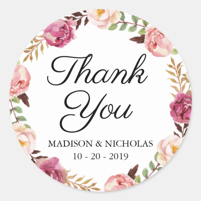 Rustic Pink Floral Wedding Stickers Thank You (Front)