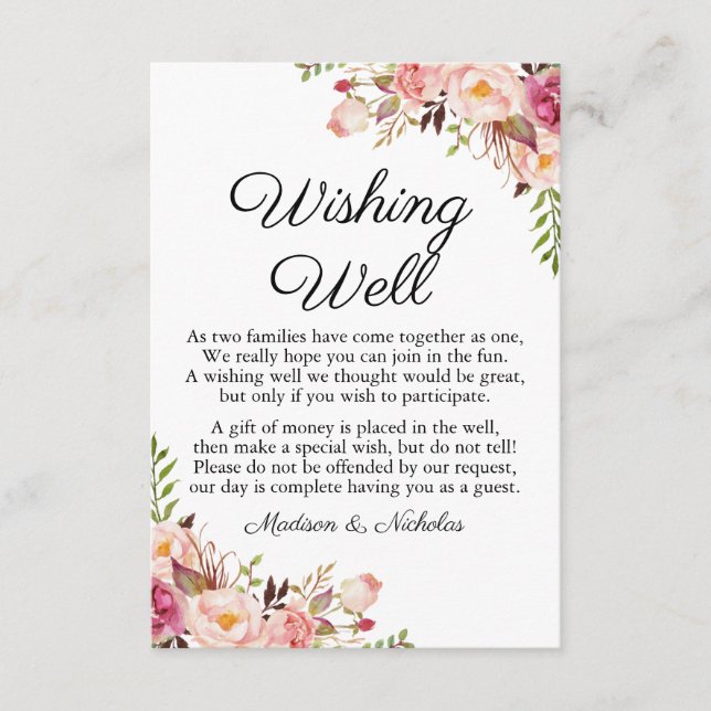 Rustic Pink Floral Wedding Wishing Well Cards (Front)