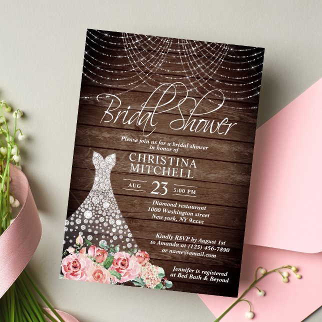 Rustic Pink Floral White Gown Dress Bridal Shower Invitation