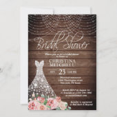 Rustic Pink Floral White Gown Dress Bridal Shower Invitation (Front)