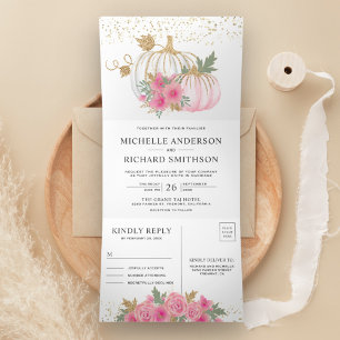 Rustic Pink Floral White Pumpkin Fall Wedding Tri-Fold Invitation