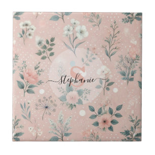 Rustic Pink Floral with White Blooms and Greenery Ceramic Tile