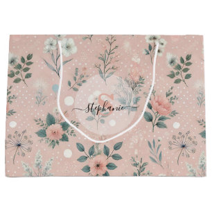 Rustic Pink Floral with White Blooms and Greenery Large Gift Bag