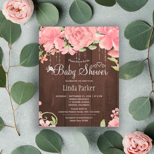 Rustic pink floral wood BUDGET baby shower invite