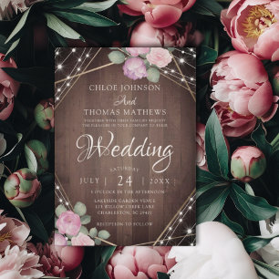 Rustic Pink Floral Wood & String Lights Wedding Invitation