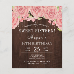 Rustic pink floral wood sweet sixteen invitation