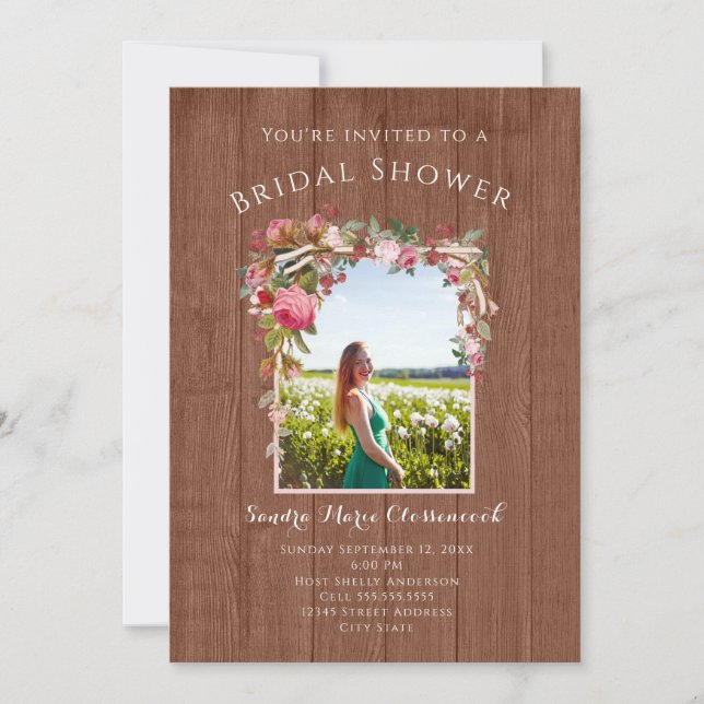 Rustic Pink Floral Wood Wedding Bridal Shower  Invitation (Front)