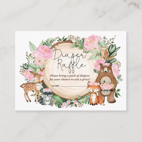 Rustic Pink Floral Woodland Animals Diaper Raffle Enclosure Card