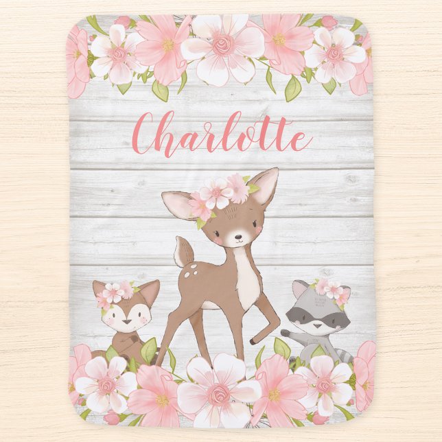 Rustic Pink Floral Woodland Animals Personalized Baby Blanket (Creator Uploaded)