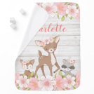 Rustic Pink Floral Woodland Animals Personalized Baby Blanket Rustic Pink Floral Woodland Animals Personalized Baby Blanket