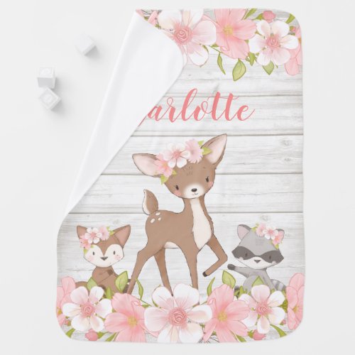 Rustic Pink Floral Woodland Animals Personalized Baby Blanket