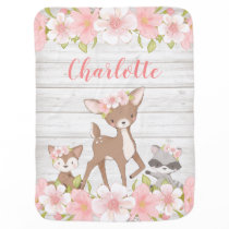 Rustic Pink Floral Woodland Animals Personalized Baby Blanket Rustic Pink Floral Woodland Animals Personalized Baby Blanket