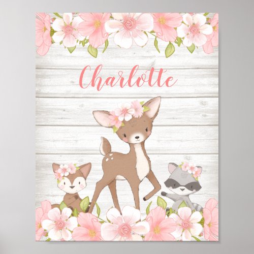 Rustic Pink Floral Woodland Animals Personalized Poster