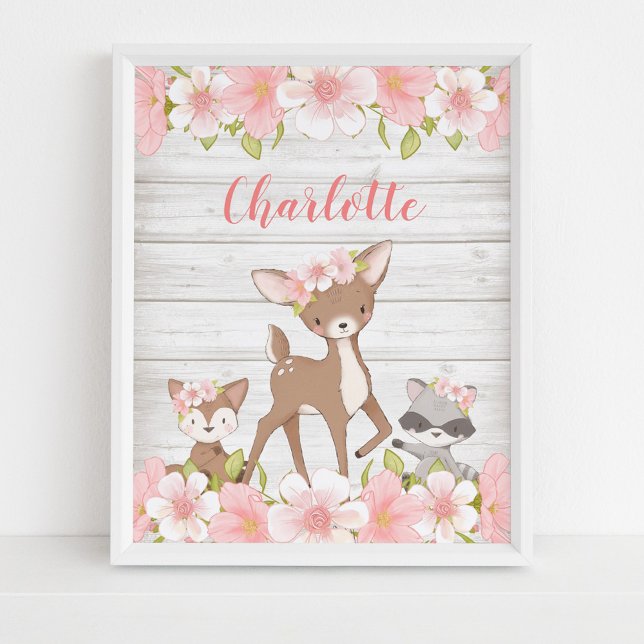 Rustic Pink Floral Woodland Animals Personalized Poster (Creator Uploaded)