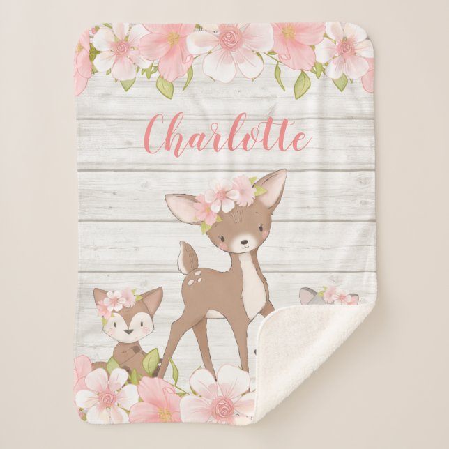 Rustic Pink Floral Woodland Animals Personalized Sherpa Blanket (Front)