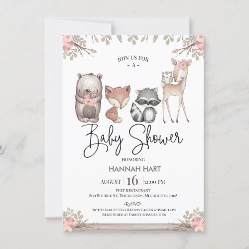 Rustic Pink Floral Woodland Baby Shower Invitation