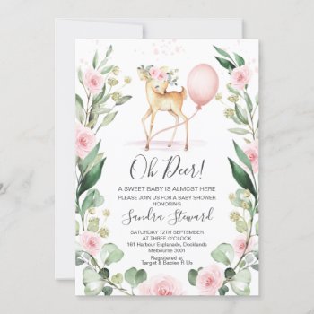 Rustic Pink Floral Wreath Deer Baby Shower Invitation by figtreedesign at Zazzle