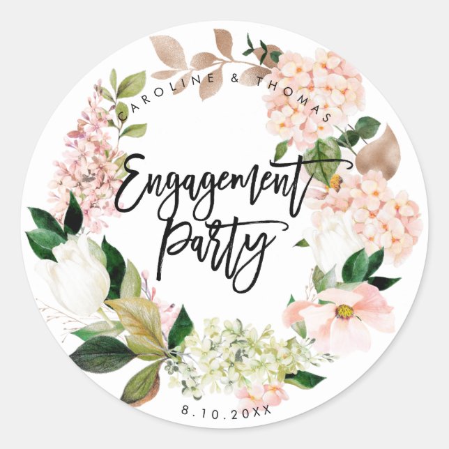 rustic pink floral wreath engagement party sticker (Front)