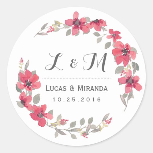 Rustic Pink Floral Wreath Monogram Wedding Sticker