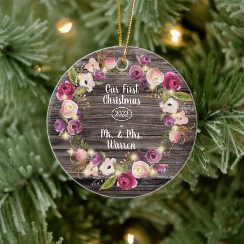 Rustic Pink Floral Wreath Wood Our First Christmas Ceramic Ornament