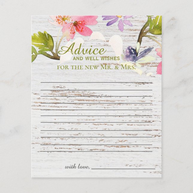 Rustic Pink Florals on White Wood Advice Card (Front)